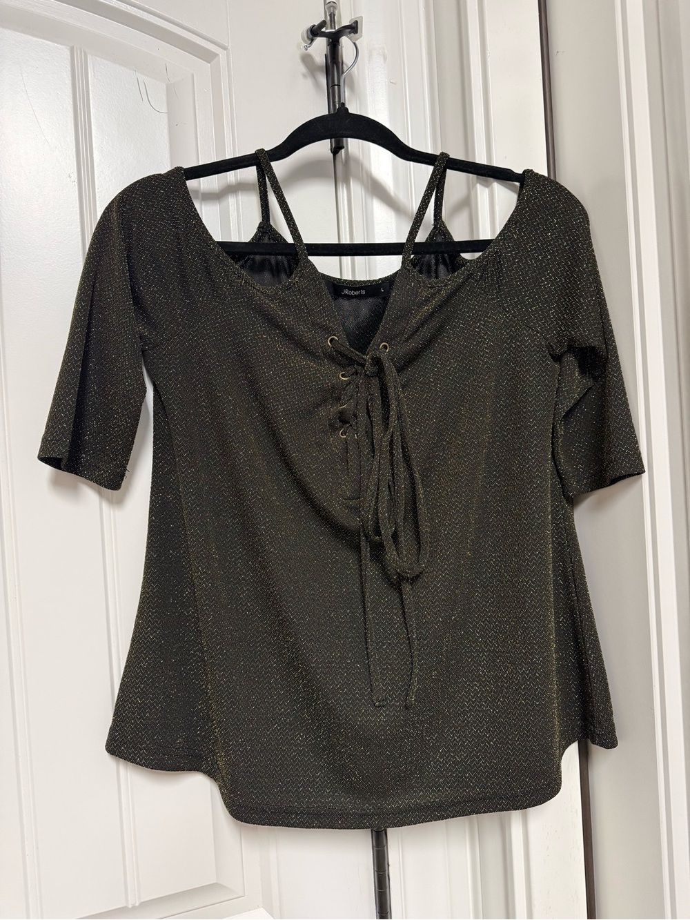 Lace-Up Metallic Knit Women’s Top - Black with Gold